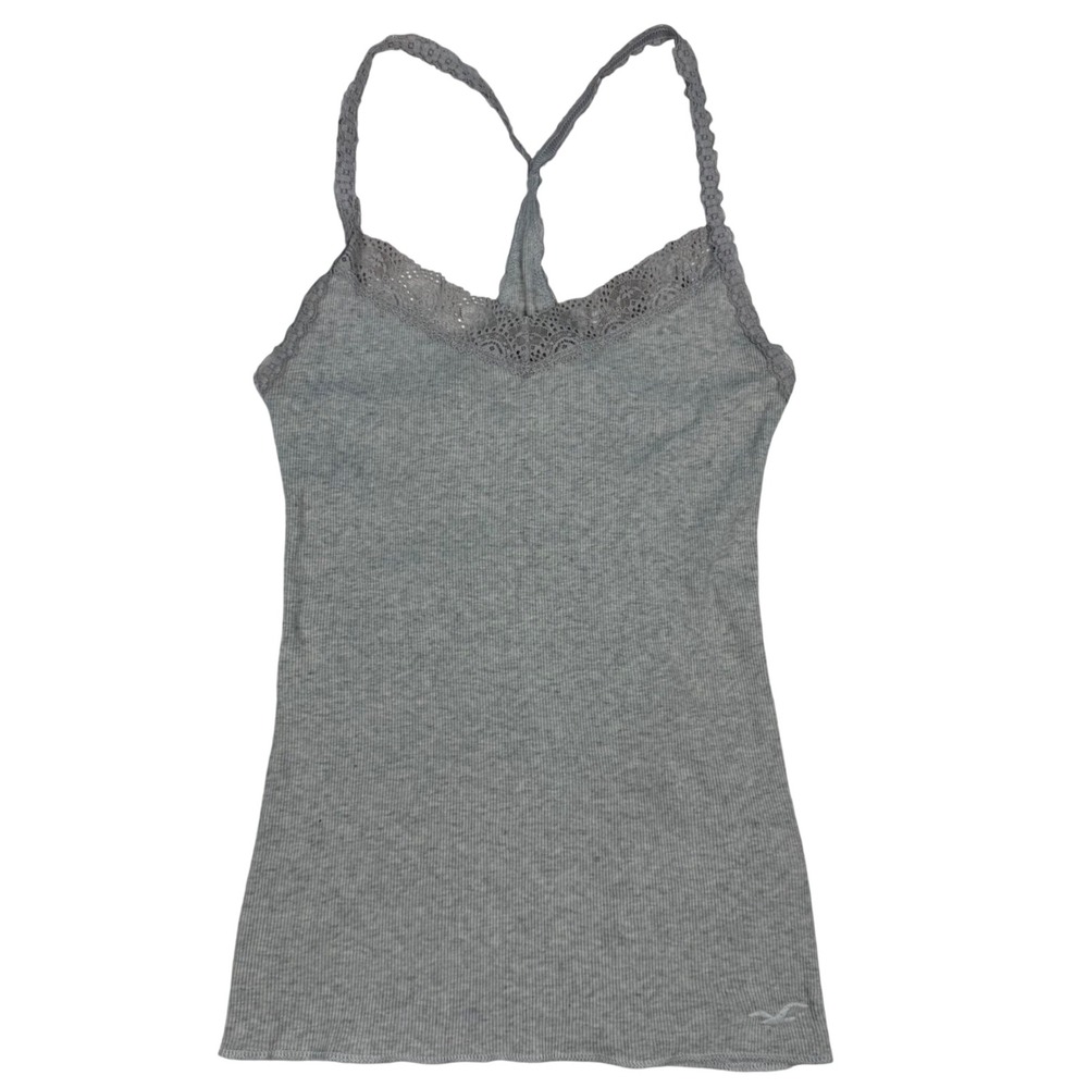 VTG Y2K Hollister Grey Ribbed Lace Trim Cami Tank Top Racerback Sz S Fitted Logo